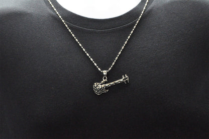 Mens Stainless Steel Skull Guitar Pendant Necklace With Cubic Zirconia