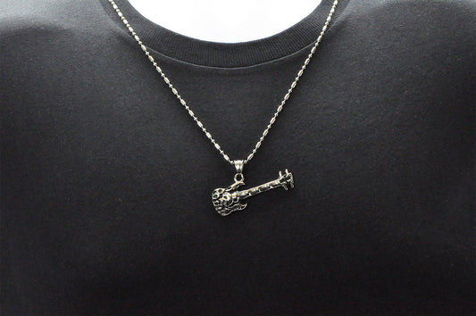 Mens Stainless Steel Skull Guitar Pendant Necklace With Cubic Zirconia