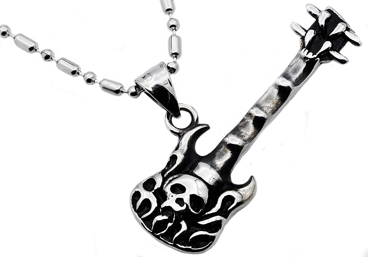 Mens Stainless Steel Skull Guitar Pendant Necklace With Cubic Zirconia