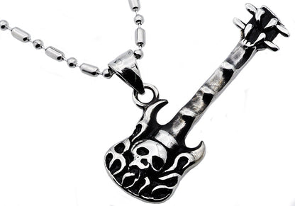 Mens Stainless Steel Skull Guitar Pendant Necklace With Cubic Zirconia