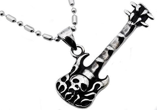 Mens Stainless Steel Skull Guitar Pendant Necklace With Cubic Zirconia