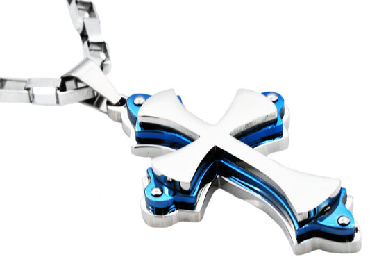 Mens Stainless Steel Large Cross Pendant Necklace With Blue Plated Edges