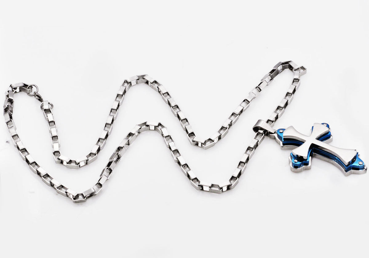 Mens Stainless Steel Large Cross Pendant Necklace With Blue Plated Edges