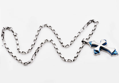 Mens Stainless Steel Large Cross Pendant Necklace With Blue Plated Edges