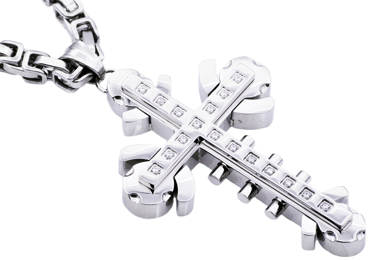 Mens Stainless Steel Cross Pendant With Cubic Zirconia