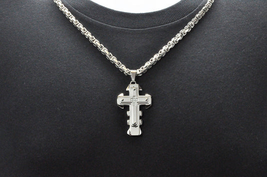 Mens Stainless Steel Cross Pendant With Cubic Zirconia