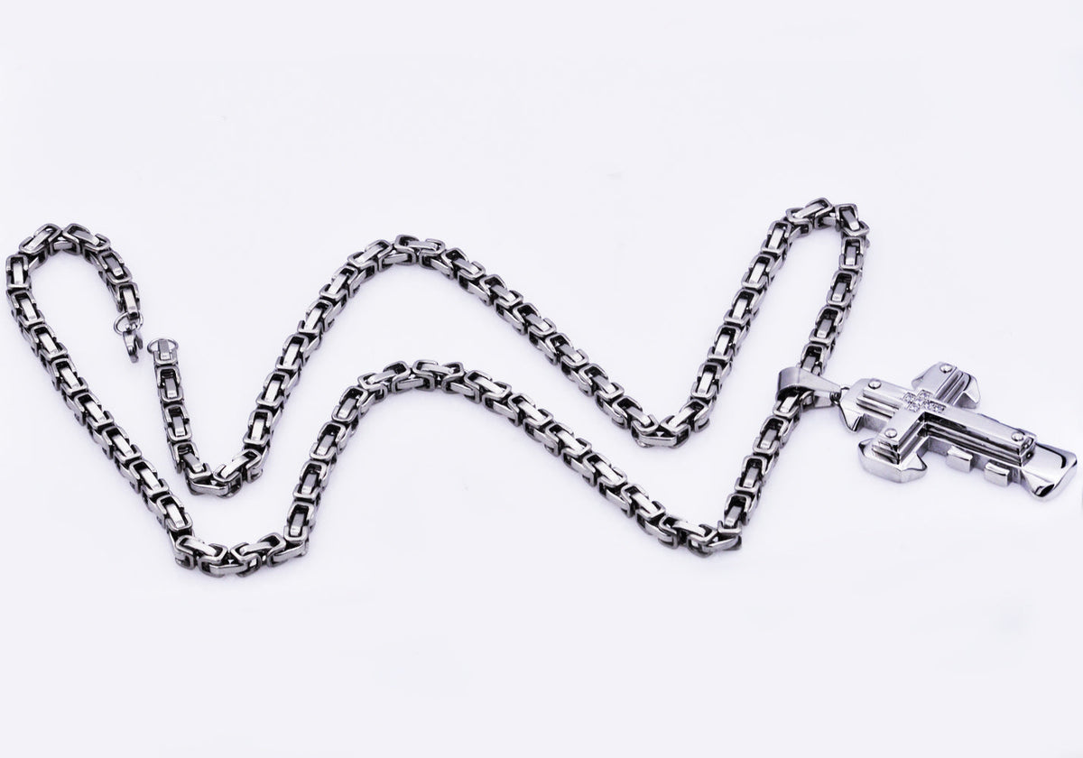 Mens Stainless Steel Cross Pendant With Cubic Zirconia