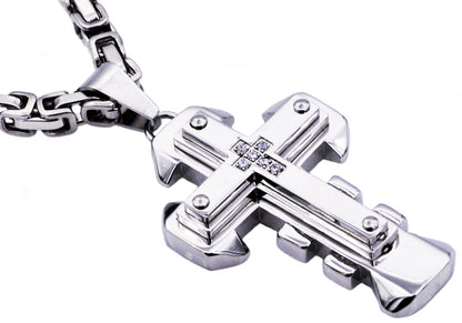 Mens Stainless Steel Cross Pendant With Cubic Zirconia