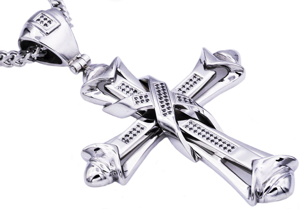 Mens Stainless Steel Cross Pendant With Black Cubic Zirconia