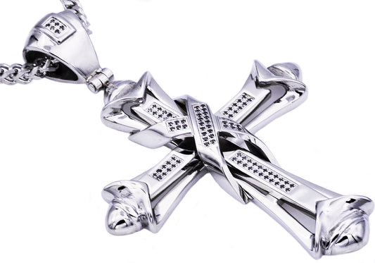Mens Stainless Steel Cross Pendant With Black Cubic Zirconia