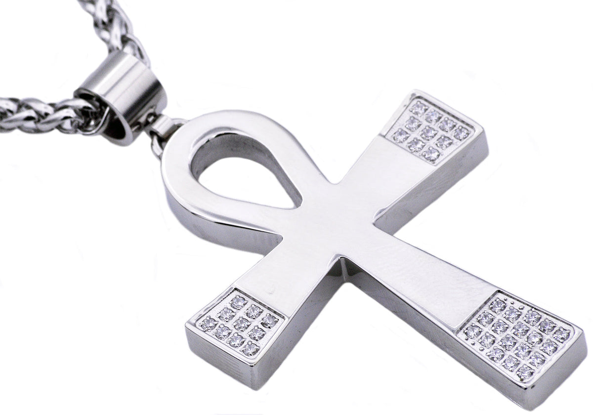Mens Stainless Steel Ankh Cross Pendant With Cubic Zirconia