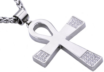 Mens Stainless Steel Ankh Cross Pendant With Cubic Zirconia