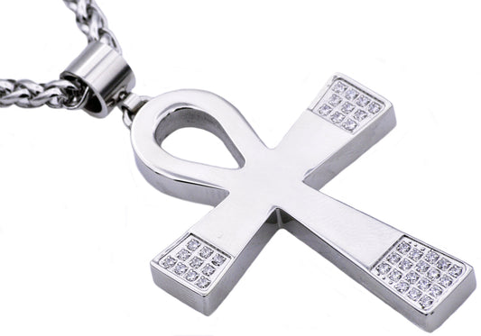 Mens Stainless Steel Ankh Cross Pendant With Cubic Zirconia