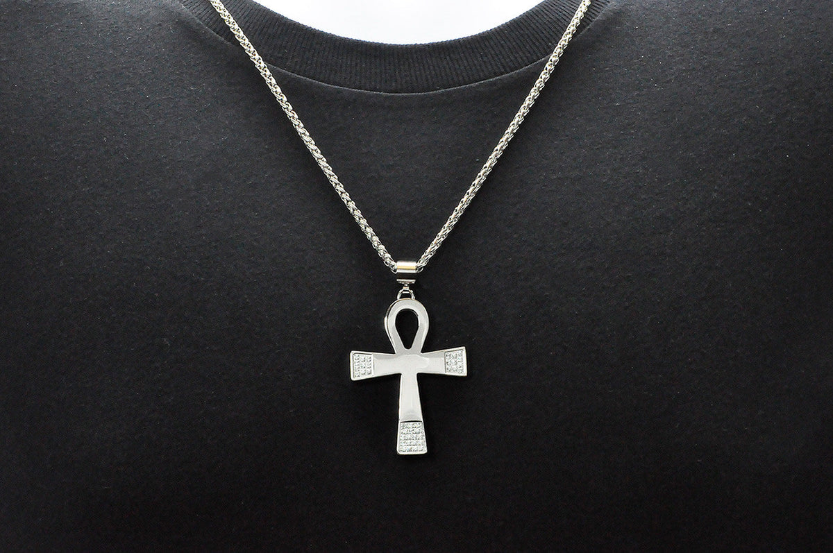 Mens Stainless Steel Ankh Cross Pendant With Cubic Zirconia