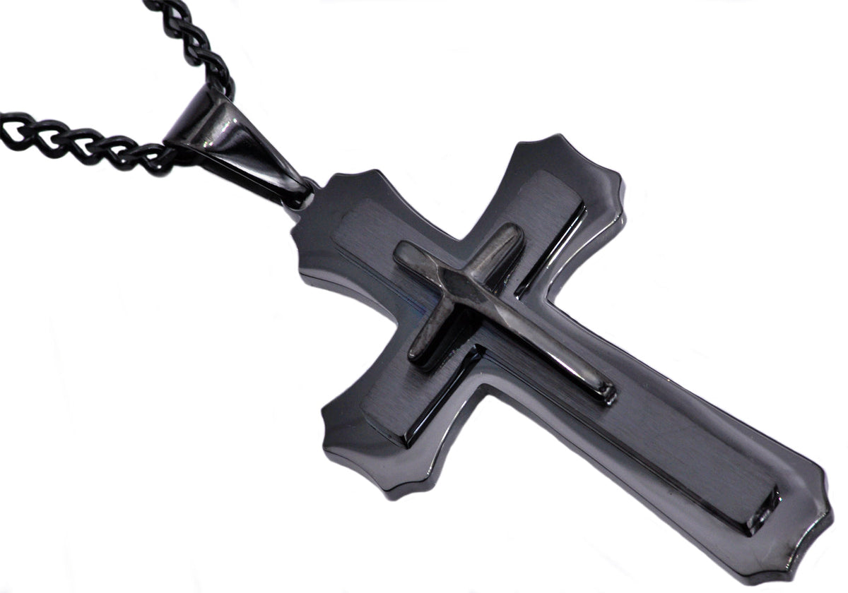 Mens Black Stainless Steel Layered Cross Pendant Necklace