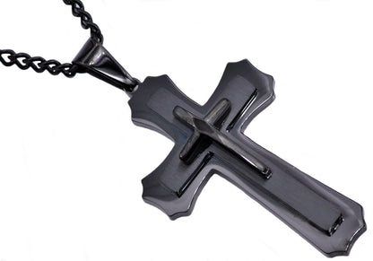 Mens Black Stainless Steel Layered Cross Pendant Necklace