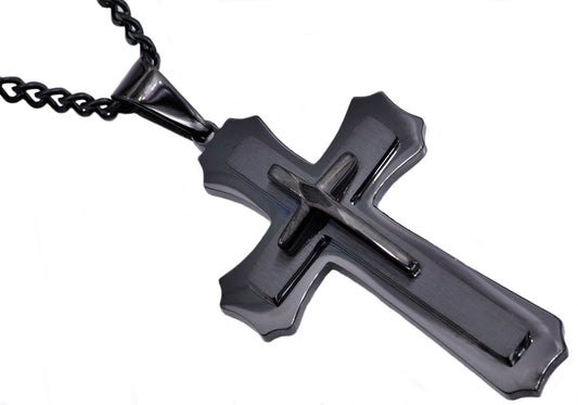 Mens Black Stainless Steel Layered Cross Pendant Necklace
