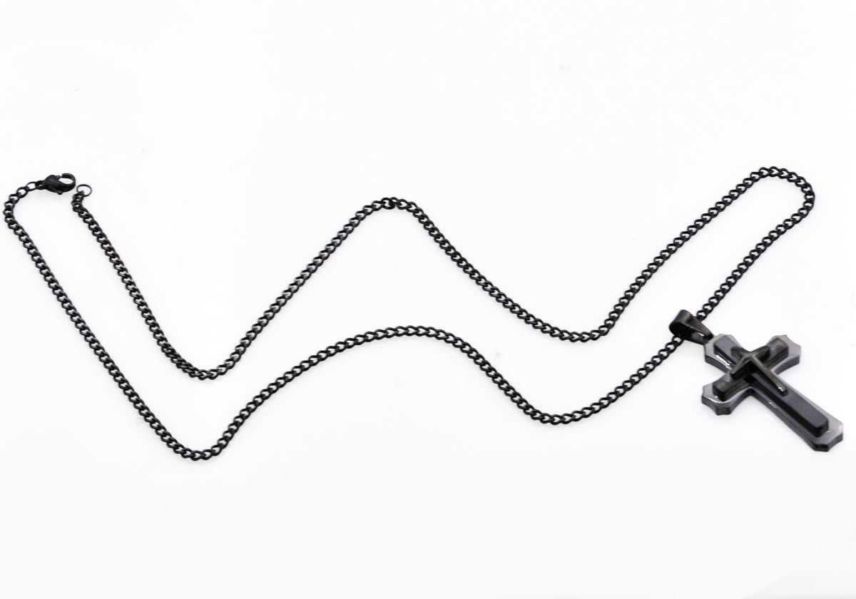 Mens Black Stainless Steel Layered Cross Pendant Necklace