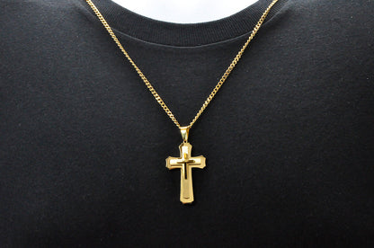 Mens Gold Stainless Steel Layered Cross Pendant Necklace With 24" Curb Chain