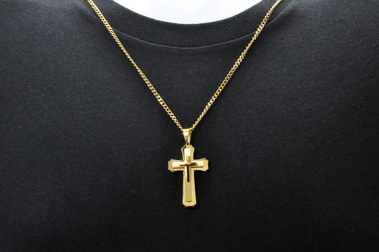 Mens Gold Stainless Steel Layered Cross Pendant Necklace With 24" Curb Chain