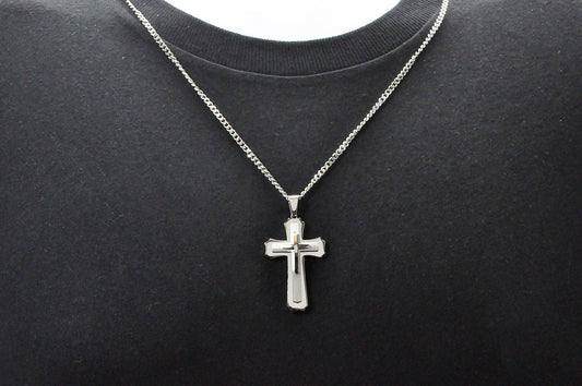Mens Stainless Steel Layered Cross Pendant Necklace