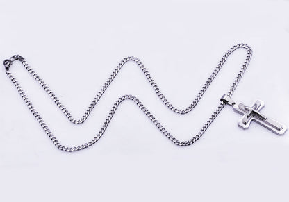 Mens Stainless Steel Layered Cross Pendant Necklace