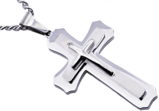 Mens Stainless Steel Layered Cross Pendant Necklace