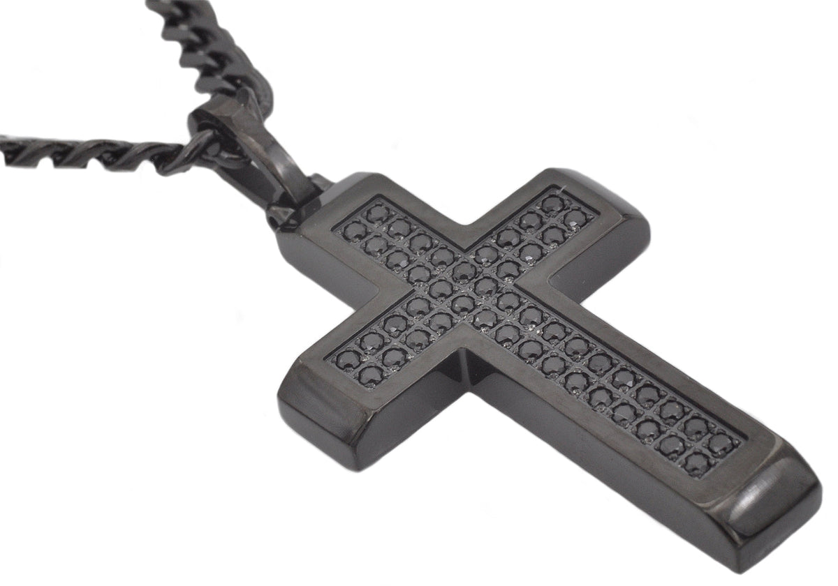 Mens Black Stainless Steel Cross Pendant With Black Cubic Zirconia