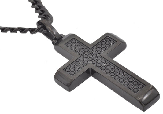 Mens Black Stainless Steel Cross Pendant With Black Cubic Zirconia