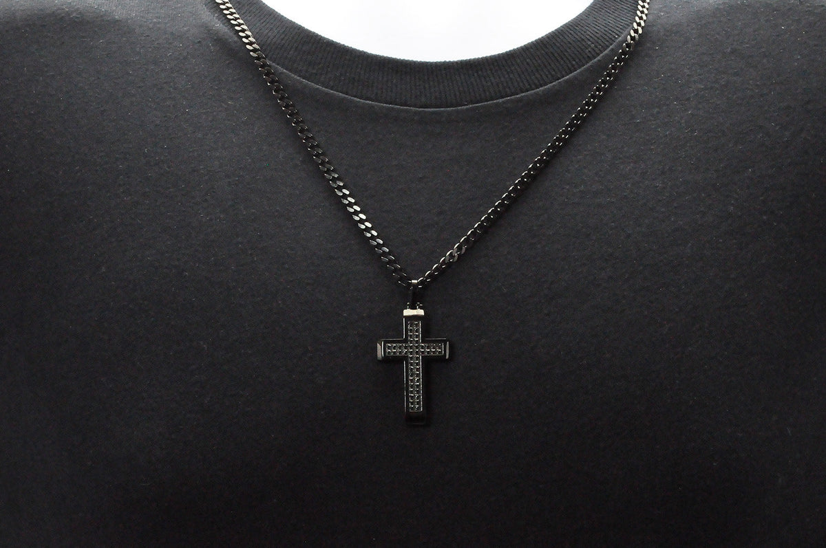 Mens Black Stainless Steel Cross Pendant With Black Cubic Zirconia