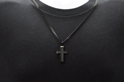 Mens Black Stainless Steel Cross Pendant With Black Cubic Zirconia