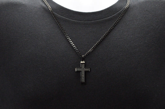 Mens Black Stainless Steel Cross Pendant With Black Cubic Zirconia