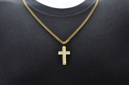 Mens Gold Stainless Steel Cross Pendant With Cubic Zirconia