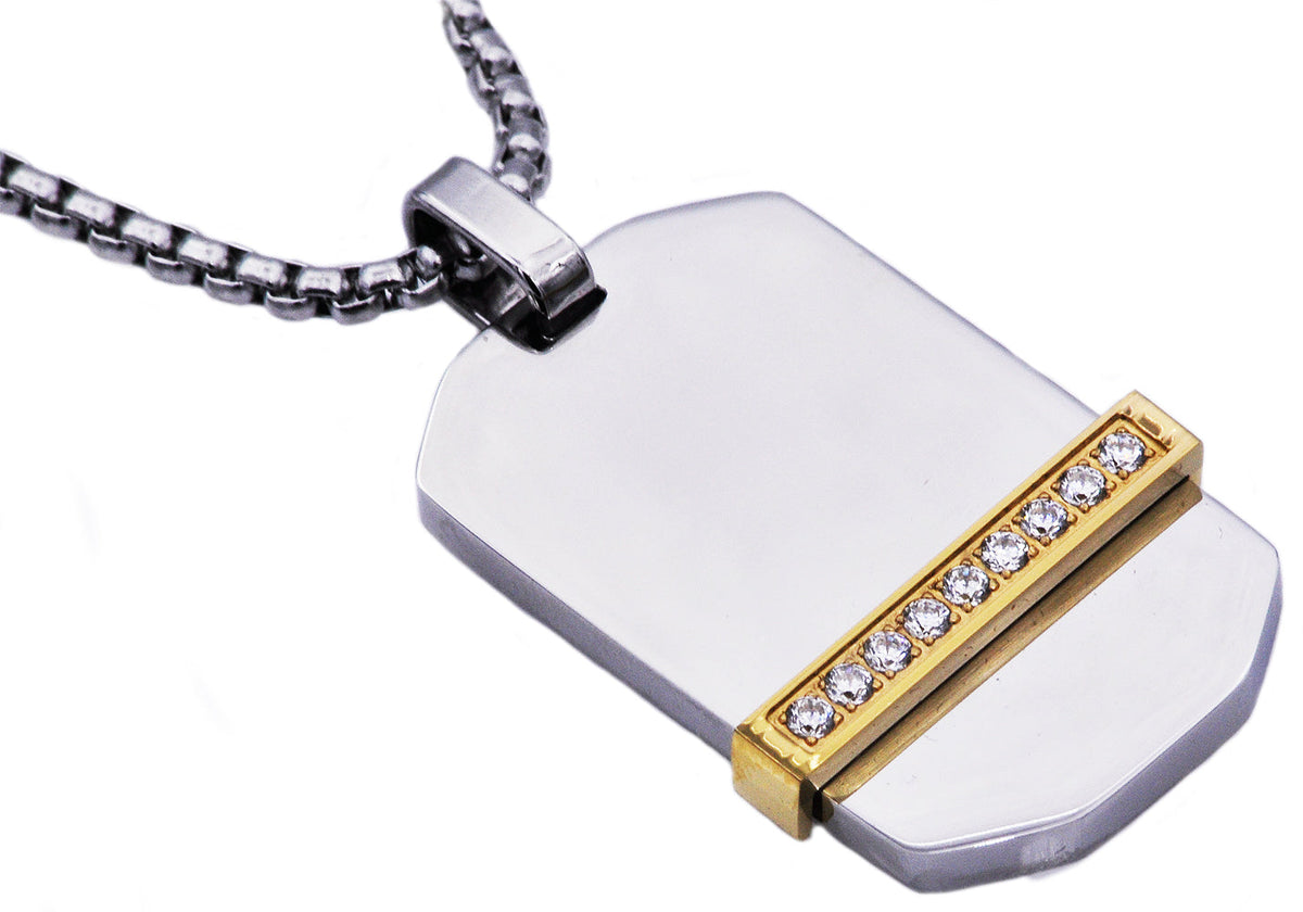 Mens Gold Stainless Steel Dog Tag Pendant With Cubic Zirconia