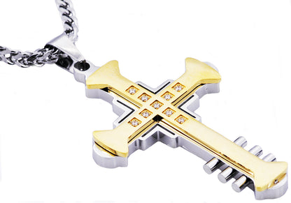 Mens Two Tone Gold Stainless Steel Cross Pendant With Cubic Zirconia