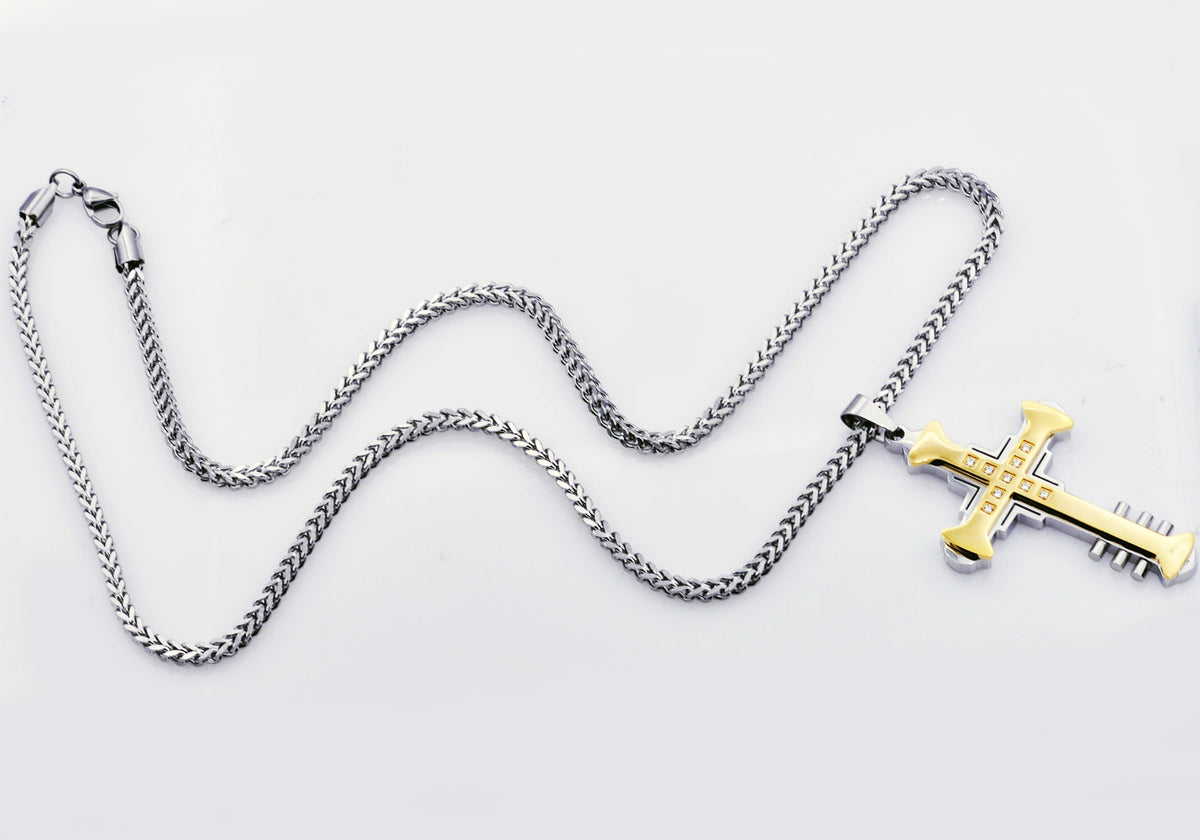 Mens Two Tone Gold Stainless Steel Cross Pendant With Cubic Zirconia