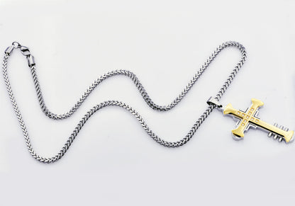 Mens Two Tone Gold Stainless Steel Cross Pendant With Cubic Zirconia