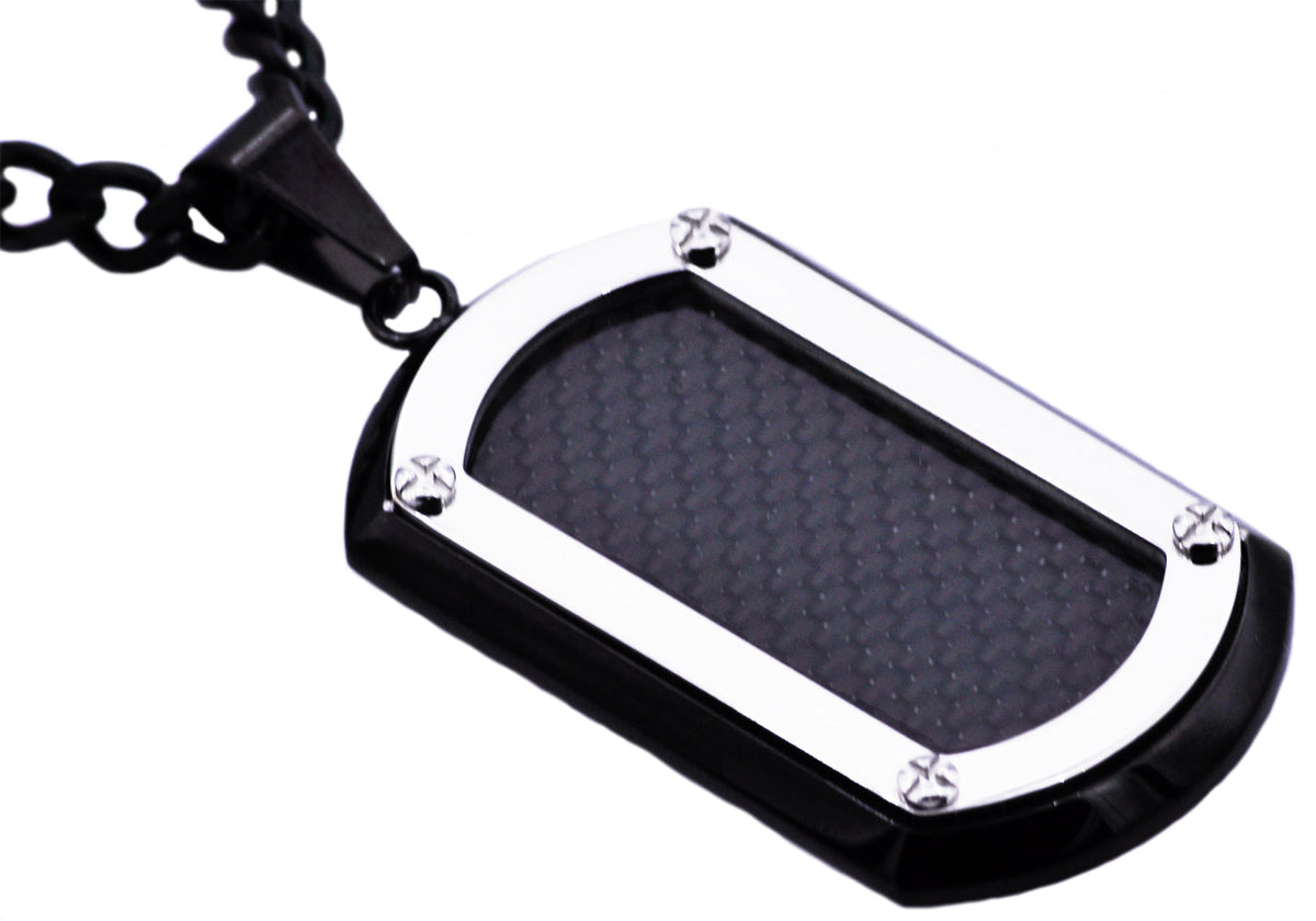 Mens Stainless Steel Dog Tag Pendant With Carbon Fiber