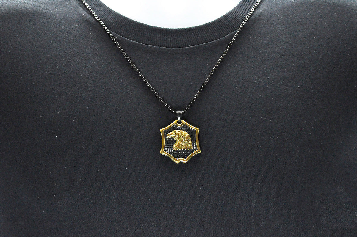 Mens Black And Gold Stainless Steel Eagle Pendant Necklace