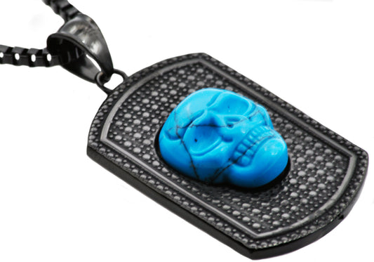 Mens Black Stainless Steel Turqoise Skull Dog Tag Pendant