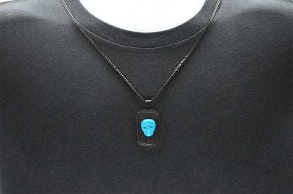 Mens Black Stainless Steel Turqoise Skull Dog Tag Pendant