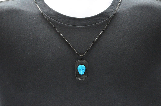 Mens Black Stainless Steel Turqoise Skull Dog Tag Pendant