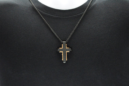 Mens Black And Rose Stainless Steel Textured Cross Pendant Necklace