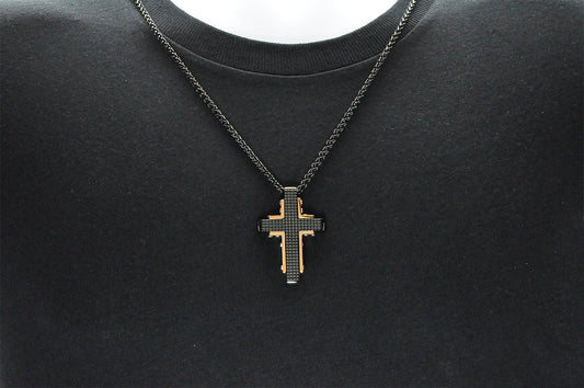 Mens Black And Rose Stainless Steel Textured Cross Pendant Necklace