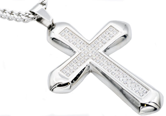 Mens Stainless Steel Cross Pendant With Cubic Zirconia