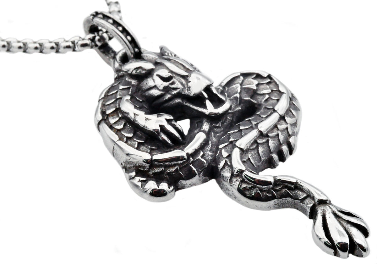 Mens Black Plated Stainless Steel Dragon Pendant