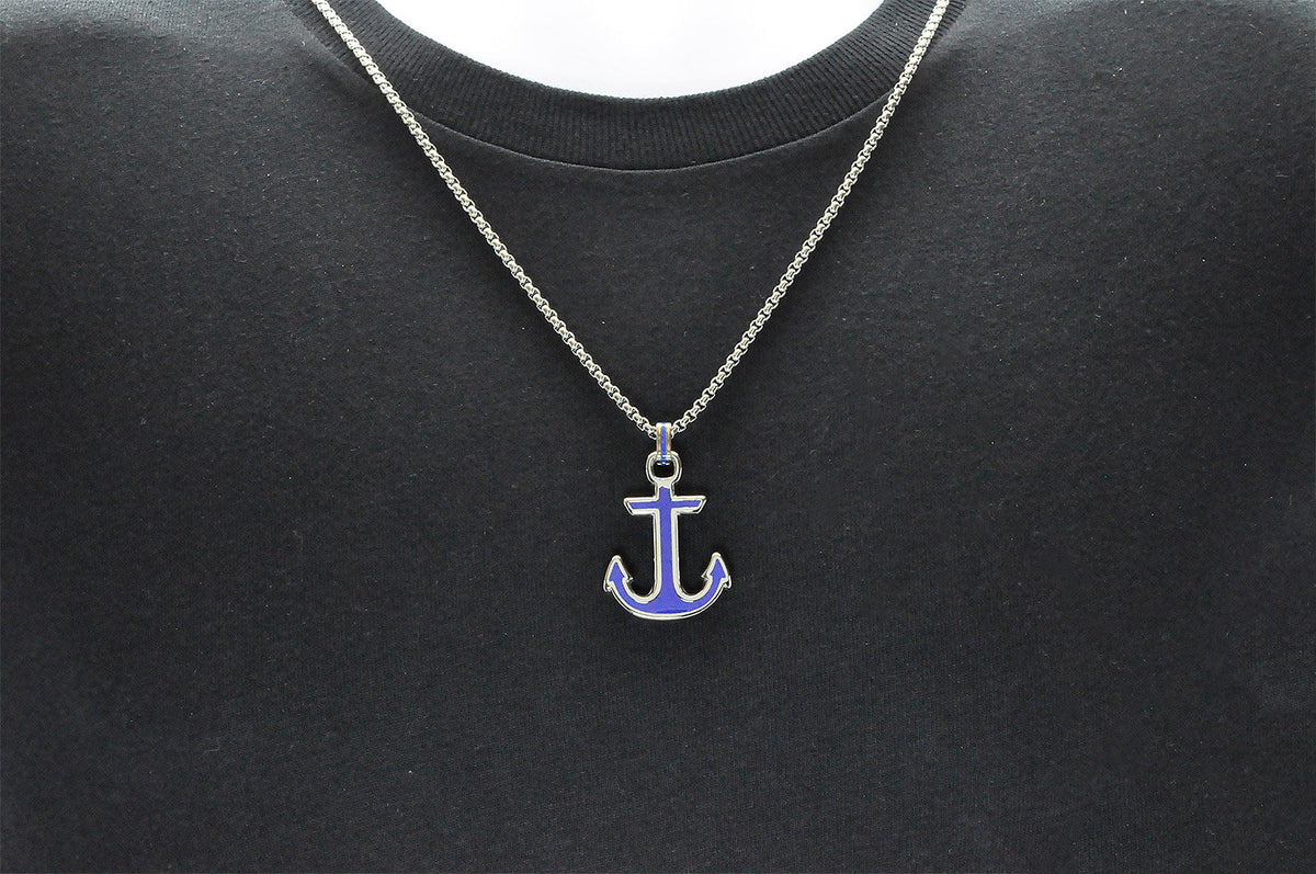 Mens Blue Stainless Steel Anchor Pendant