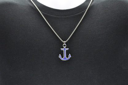 Mens Blue Stainless Steel Anchor Pendant