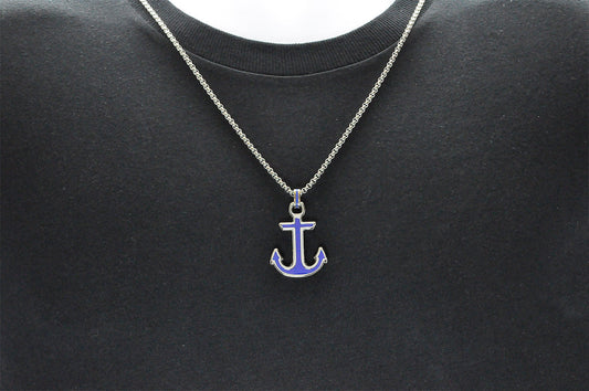 Mens Blue Stainless Steel Anchor Pendant
