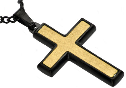 Mens Sandblasted Black And Gold Stainless Steel Cross Pendant